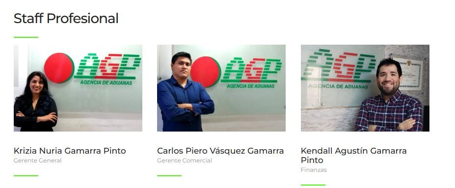 Staff profesional de AGP Aduanas: Krizia Nuria Gamarra Pinto, Carlos Piero Vásquez Gamarra y Kendall Agustín Gamarra Pinto.